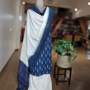 3-piece Cotton Salwar Set in Pochampally Ikat - Blue and White
