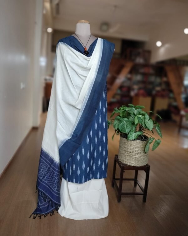 3-piece Cotton Salwar Set in Pochampally Ikat - Blue and White