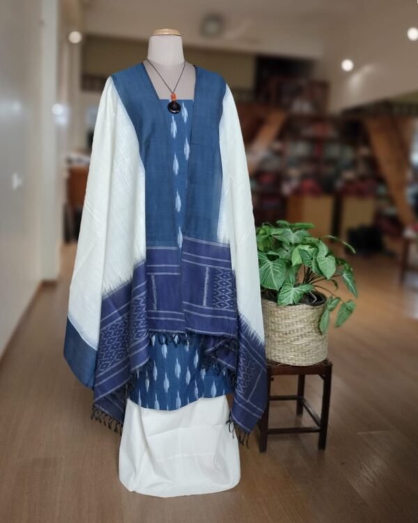 3-piece Cotton Salwar Set in Pochampally Ikat - Blue and White - Image 4