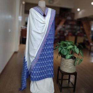 3-piece Cotton Salwar Set in Pochampally Ikat - Cobalt Blue and White