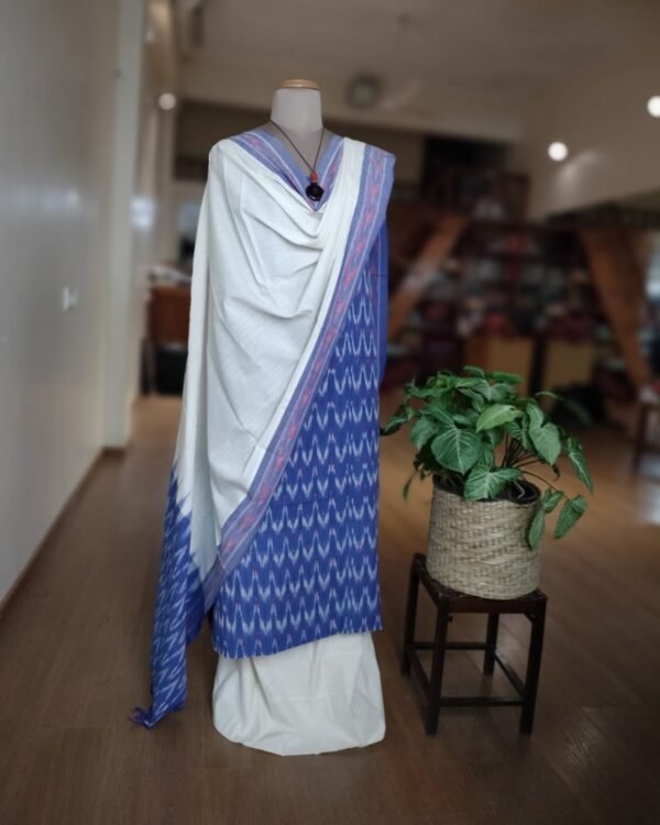 3-piece Cotton Salwar Set in Pochampally Ikat - Cobalt Blue and White