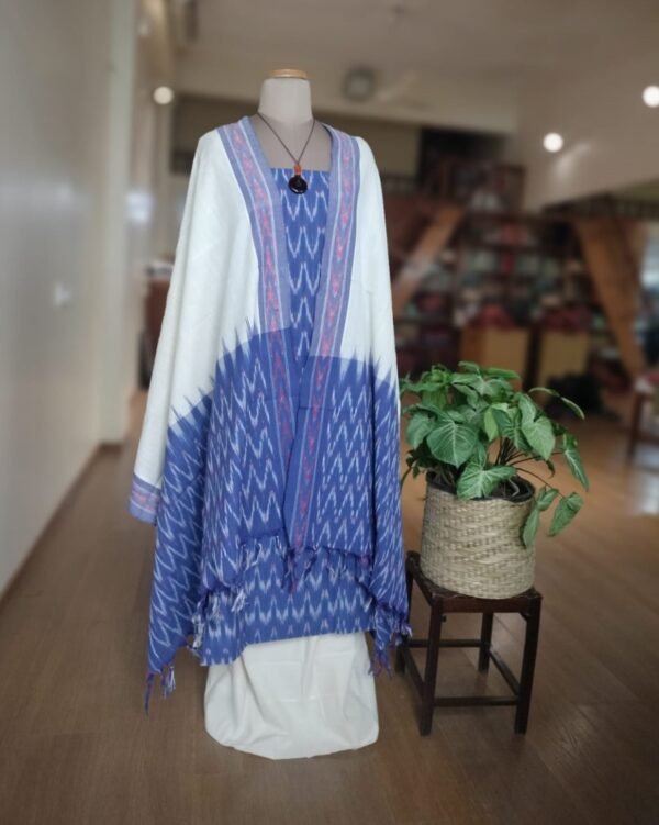 3-piece Cotton Salwar Set in Pochampally Ikat - Cobalt Blue and White - Image 3