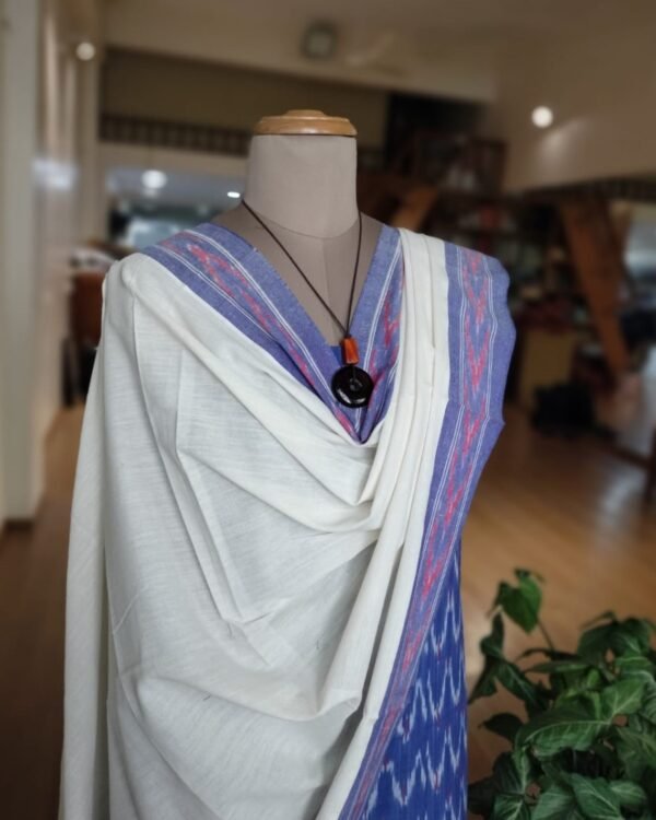 3-piece Cotton Salwar Set in Pochampally Ikat - Cobalt Blue and White - Image 2
