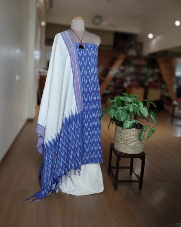 3-piece Cotton Salwar Set in Pochampally Ikat - Cobalt Blue and White - Image 4