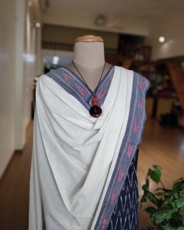 3-piece Cotton Salwar Set in Pochampally Ikat - Navy Blue and White - Image 2