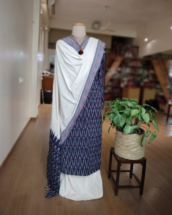 3-piece Cotton Salwar Set in Pochampally Ikat - Navy Blue and White