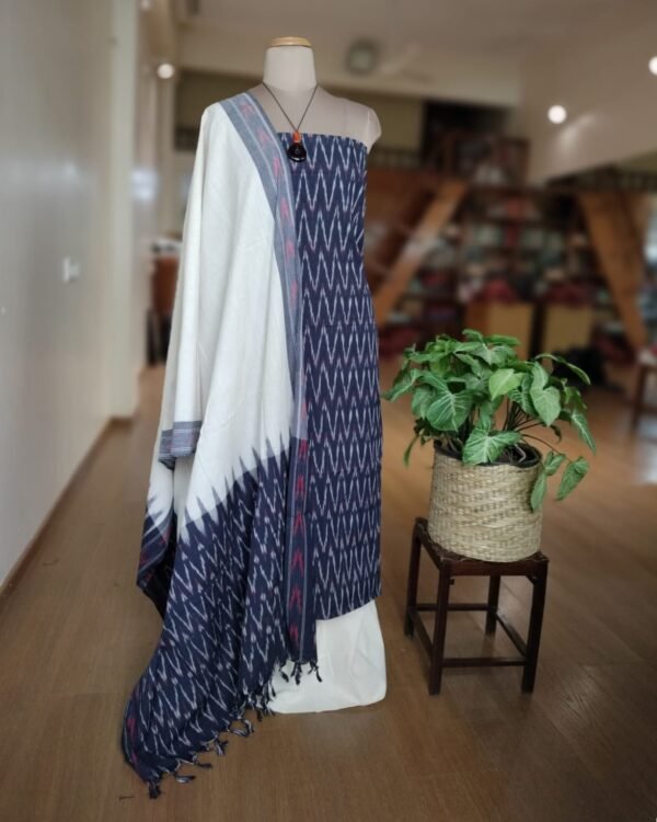 3-piece Cotton Salwar Set in Pochampally Ikat - Navy Blue and White - Image 3