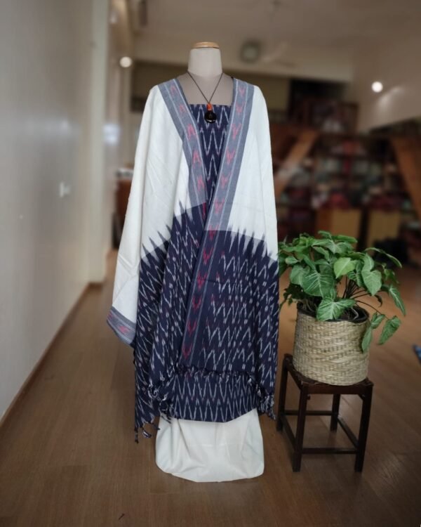 3-piece Cotton Salwar Set in Pochampally Ikat - Navy Blue and White - Image 4