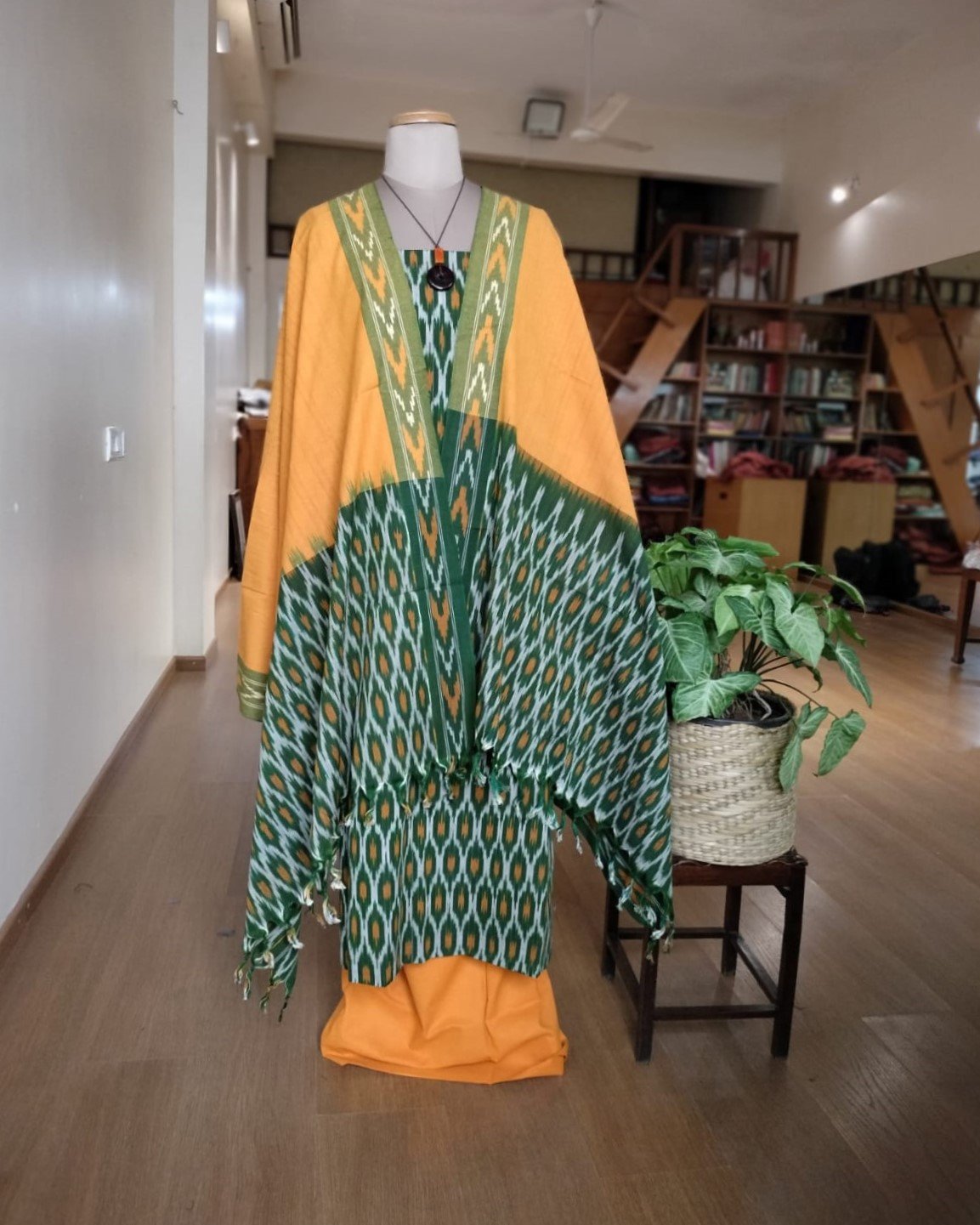 3-piece Cotton Salwar Set in Pochampally Ikat - Green and Yellow - Image 3