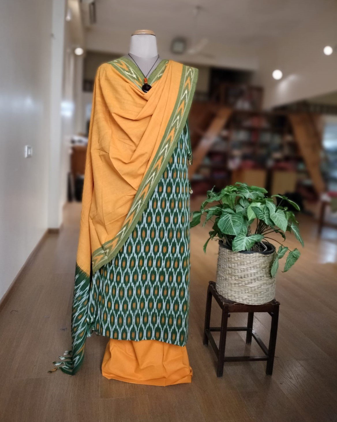 3-piece Cotton Salwar Set in Pochampally Ikat - Green and Yellow