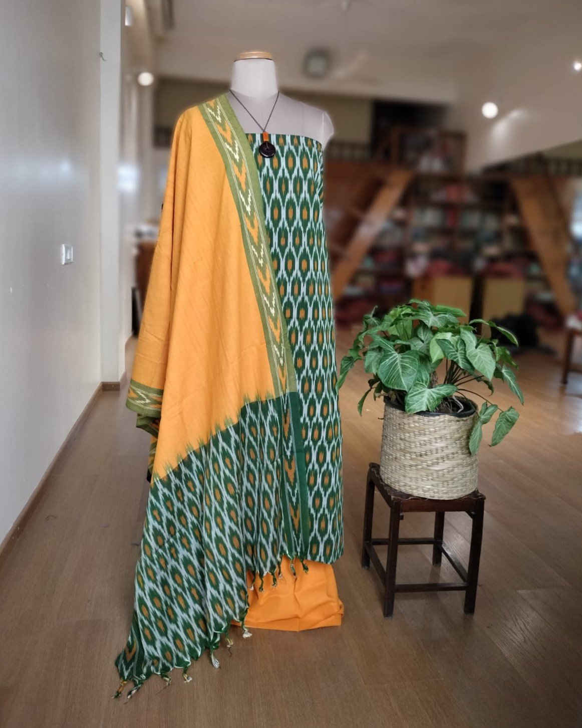 3-piece Cotton Salwar Set in Pochampally Ikat - Green and Yellow - Image 4