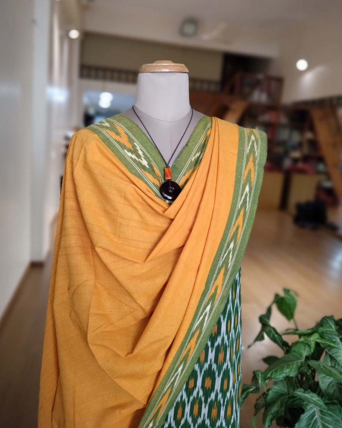 3-piece Cotton Salwar Set in Pochampally Ikat - Green and Yellow - Image 2