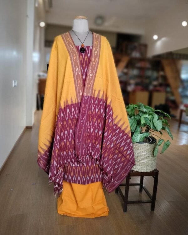 3-piece Cotton Salwar Set in Pochampally Ikat - Maroon and Yellow - Image 3