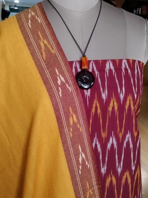 3-piece Cotton Salwar Set in Pochampally Ikat - Maroon and Yellow - Image 5