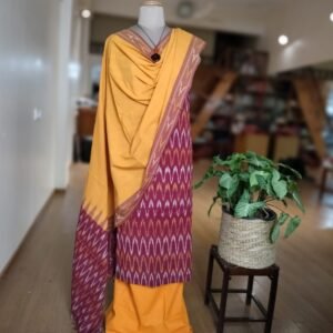 3-piece Cotton Salwar Set in Pochampally Ikat - Maroon and Yellow