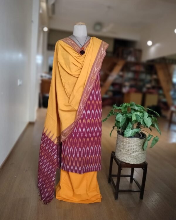 3-piece Cotton Salwar Set in Pochampally Ikat - Maroon and Yellow