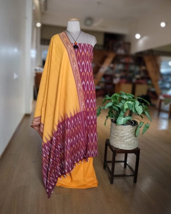 3-piece Cotton Salwar Set in Pochampally Ikat - Maroon and Yellow - Image 4