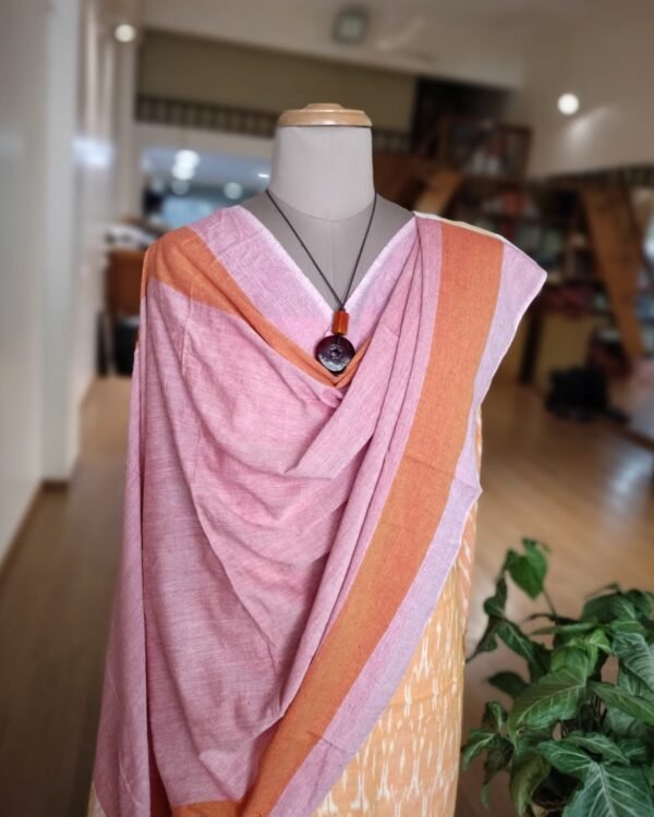 3-piece Cotton Salwar Set in Pochampally Ikat - Yellow and Peach - Image 2