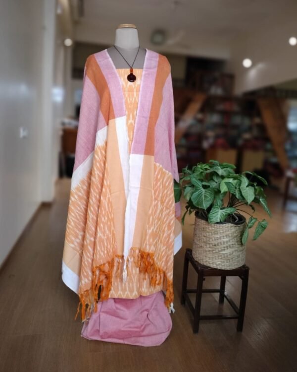 3-piece Cotton Salwar Set in Pochampally Ikat - Yellow and Peach - Image 3