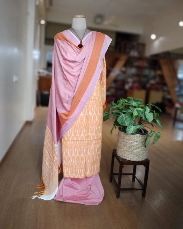 3-piece Cotton Salwar Set in Pochampally Ikat - Yellow and Peach