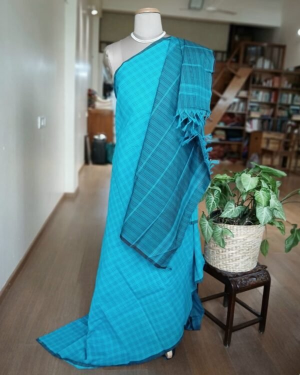 Kanchi kattam cotton handweave saree - Blue Checks - Image 3