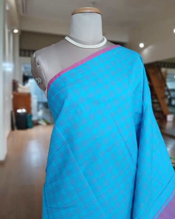 Kanchi kattam cotton handweave saree - Blue and Pink - Image 2