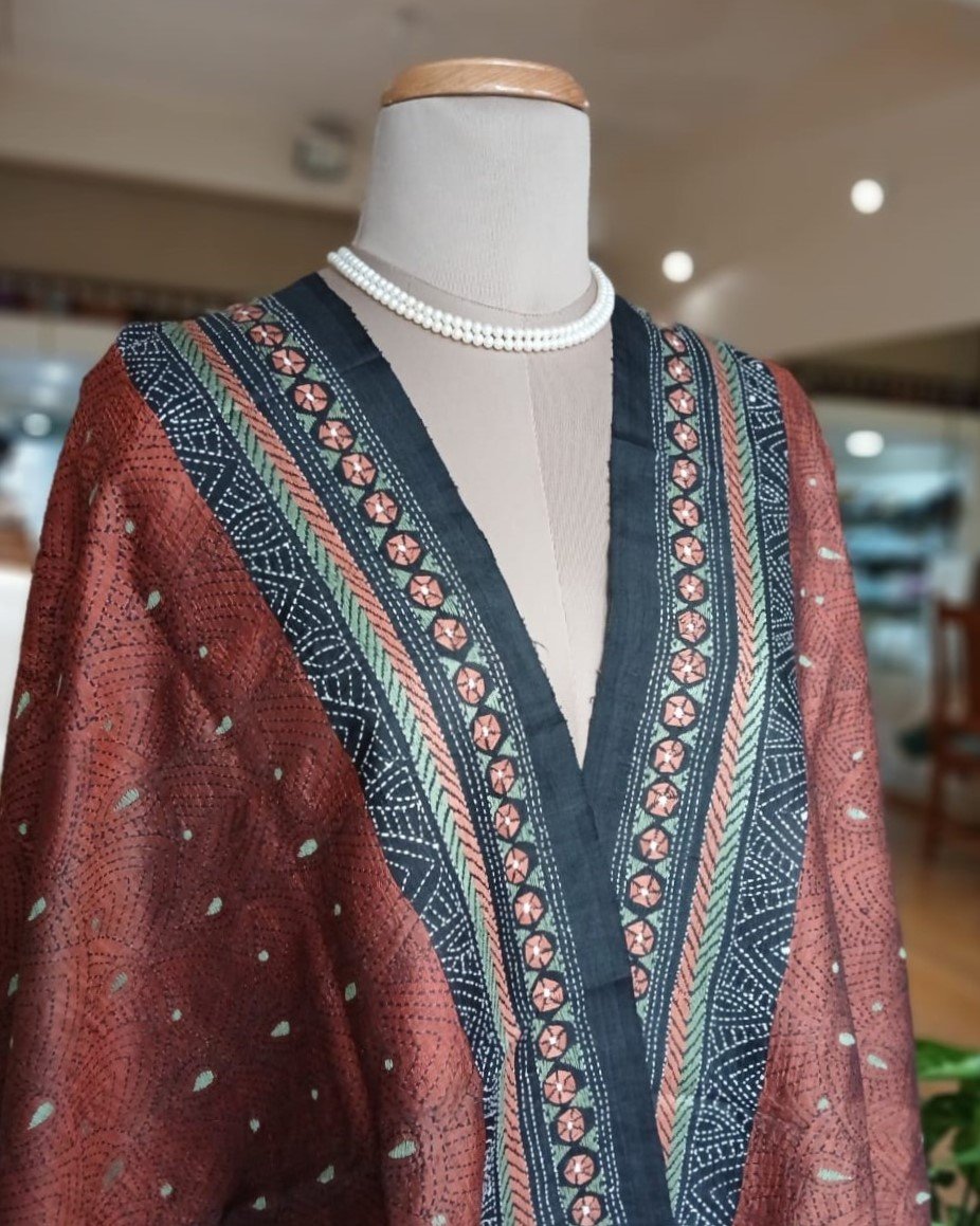Pure Silk Kantha Dupatta - Brown - Image 2