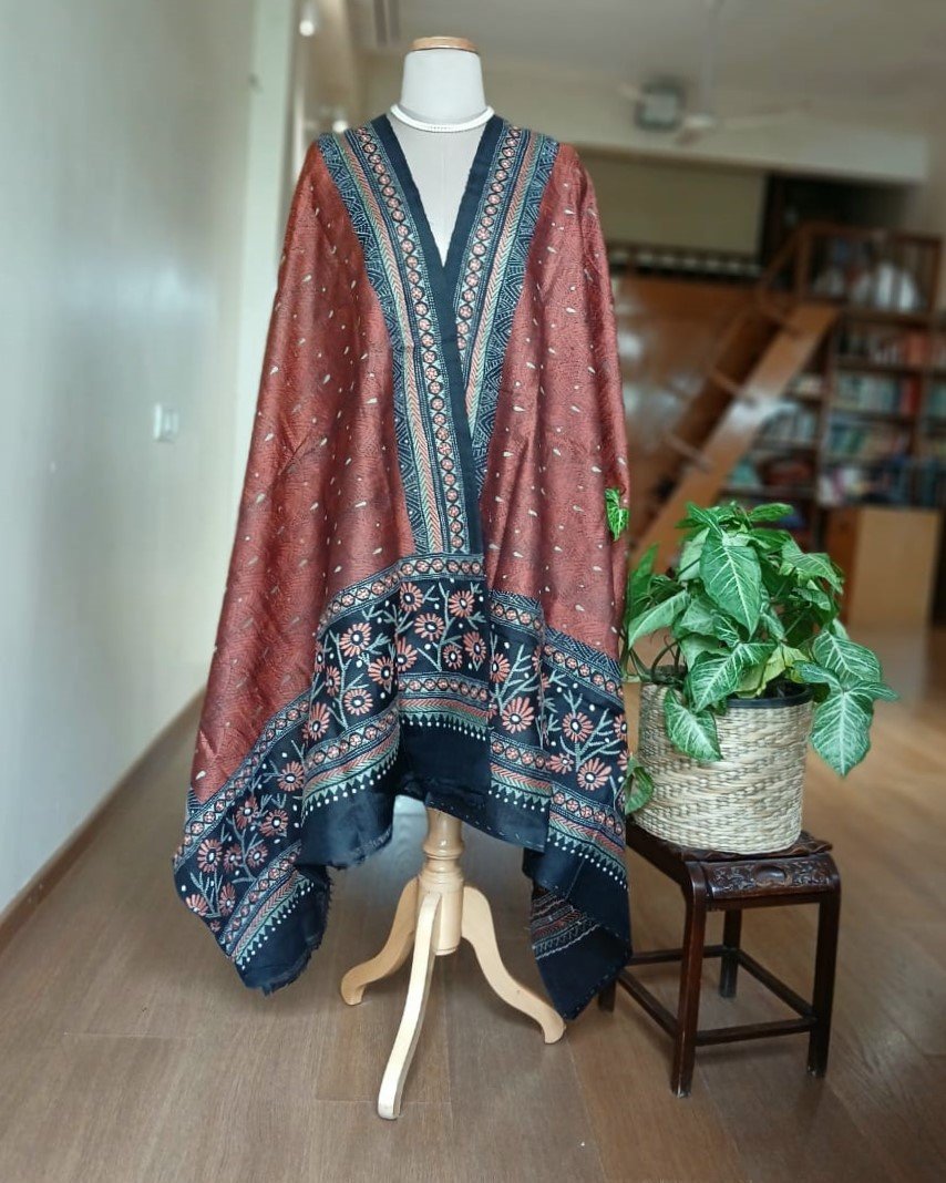 Pure Silk Kantha Dupatta - Brown