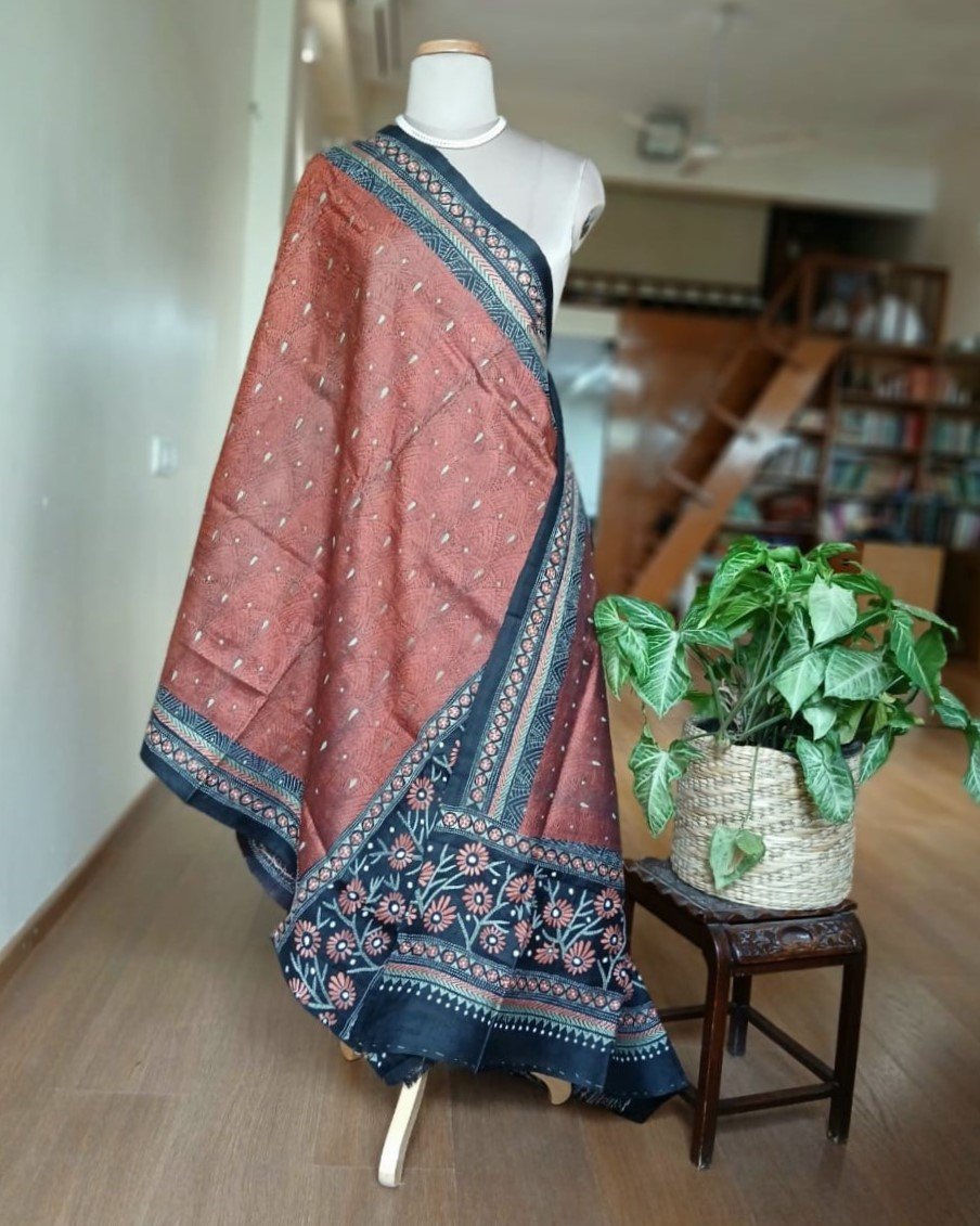 Pure Silk Kantha Dupatta - Brown - Image 3