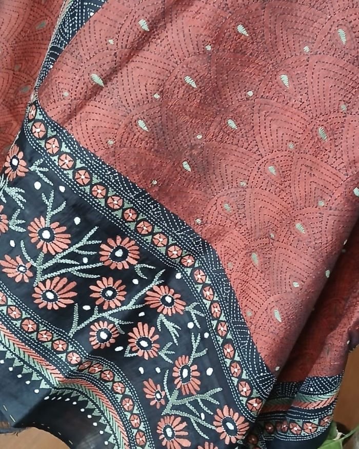 Pure Silk Kantha Dupatta - Brown - Image 6
