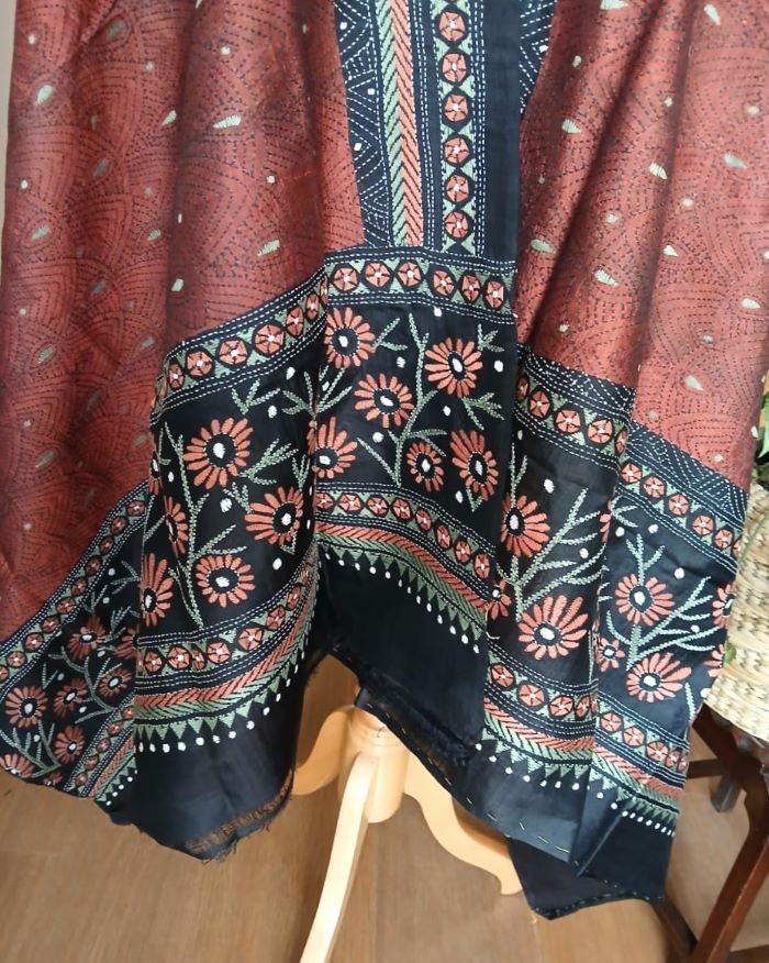 Pure Silk Kantha Dupatta - Brown - Image 5