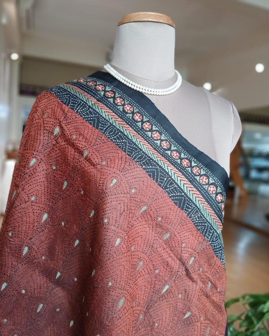 Pure Silk Kantha Dupatta - Brown - Image 4