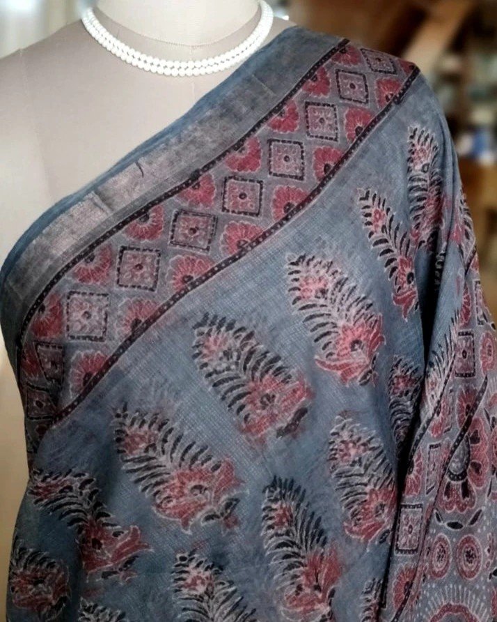 Kota Doria Ajrakh Saree Without Embroidery - (AKDS0002) - Image 3
