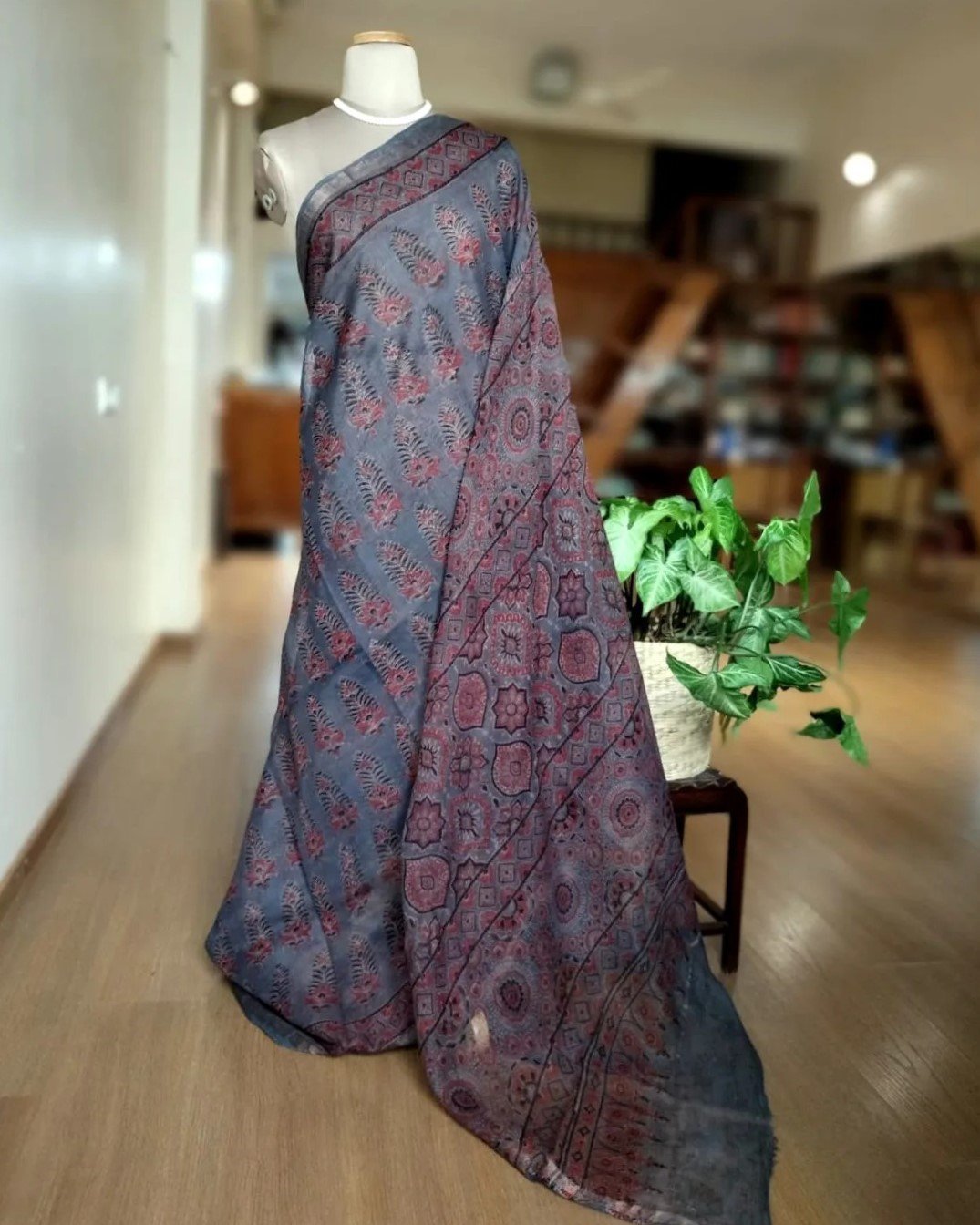 Kota Doria Ajrakh Saree Without Embroidery - (AKDS0002) - Image 2