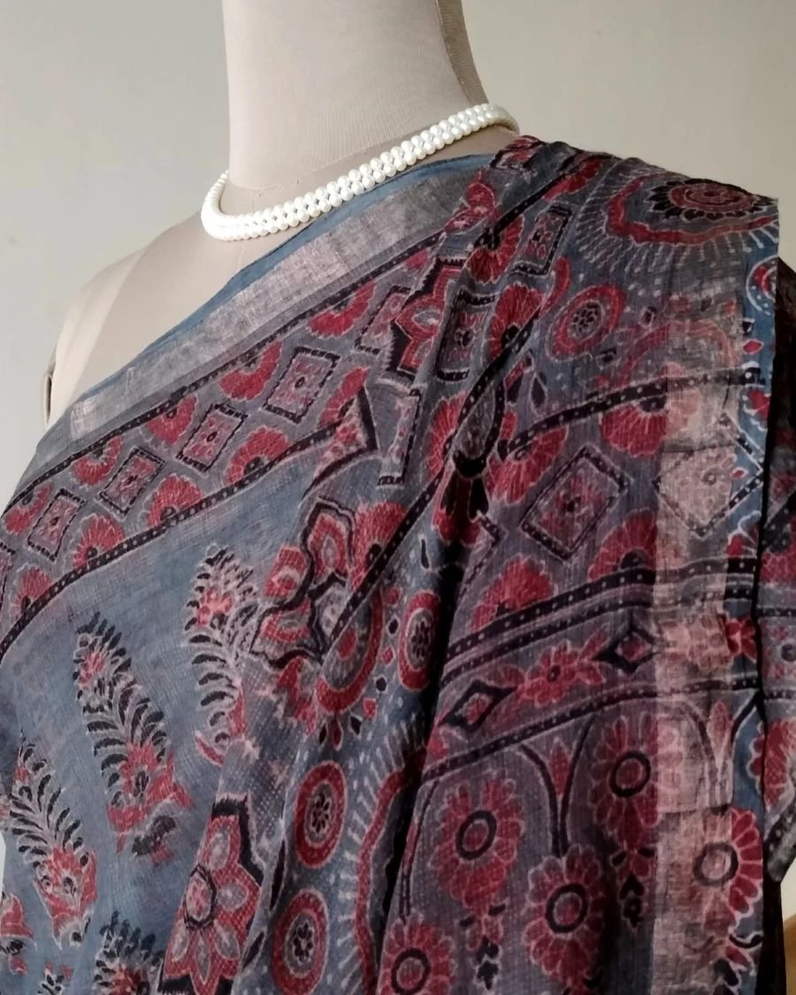 Kota Doria Ajrakh Saree Without Embroidery - (AKDS0002) - Image 4