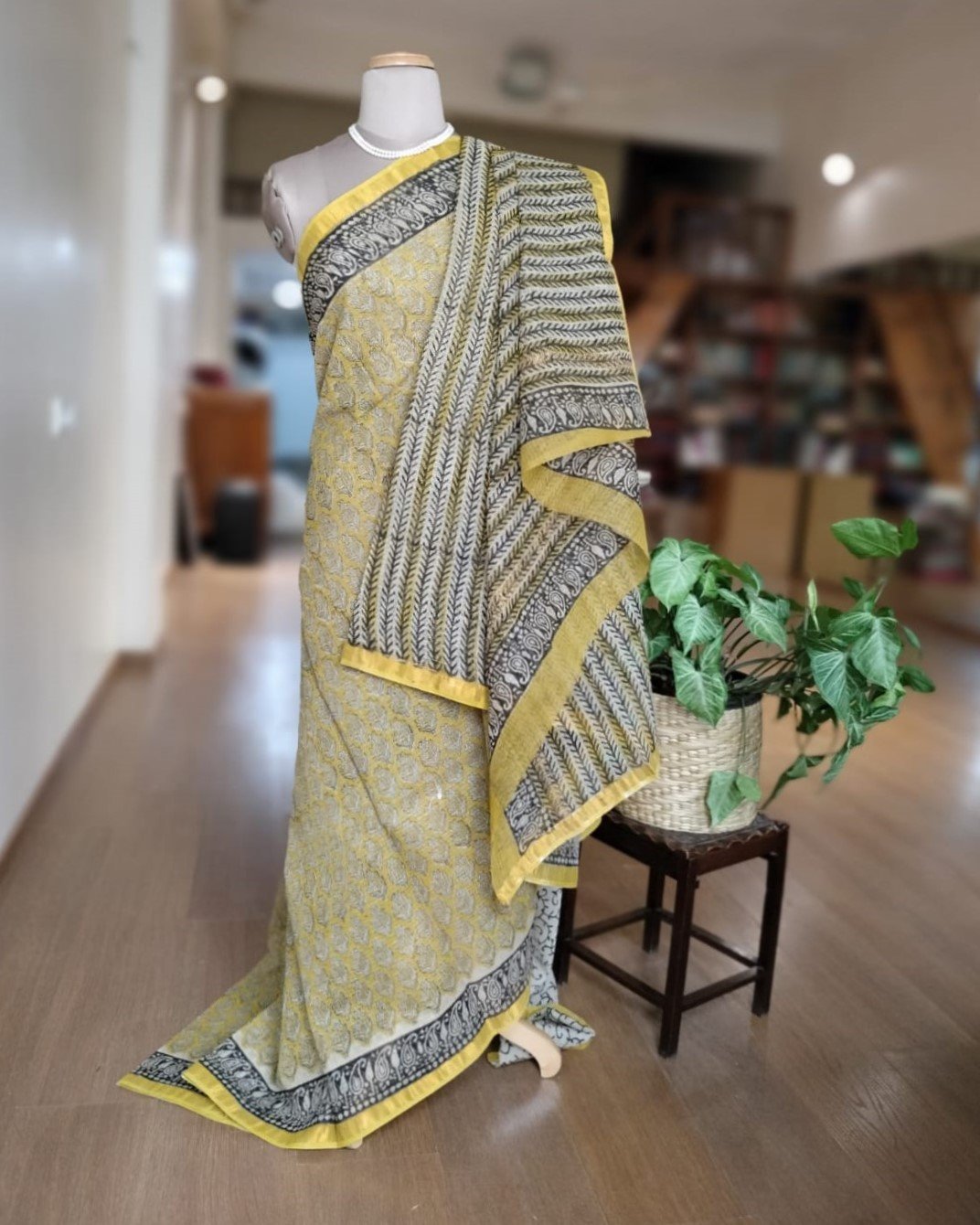 Kota Doria Cotton Saree - Yellow - Image 3