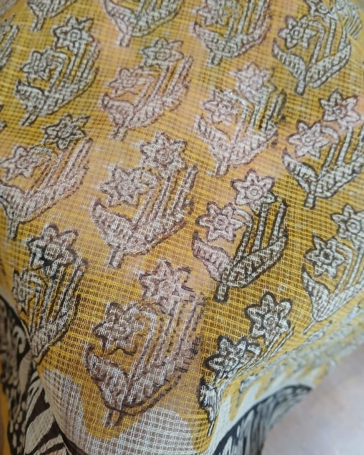 Kota Doria Cotton Saree - Yellow - Image 2