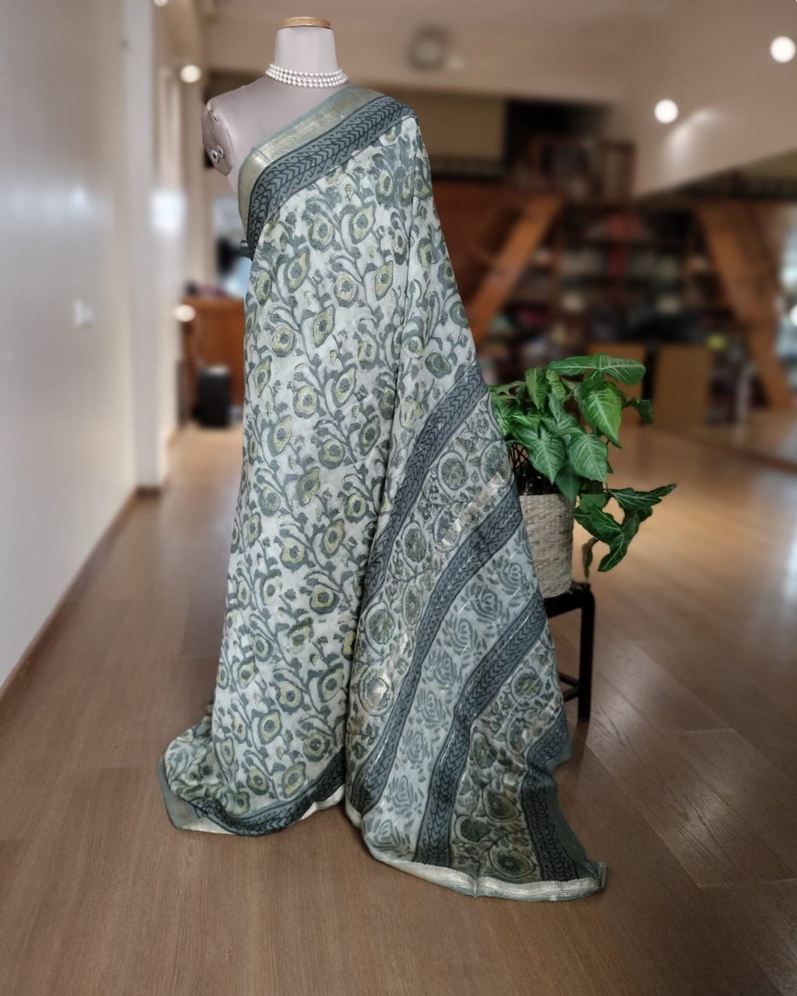 Bagru hand blockprint on Maheshwari Silk-Cotton - Greyish Blue