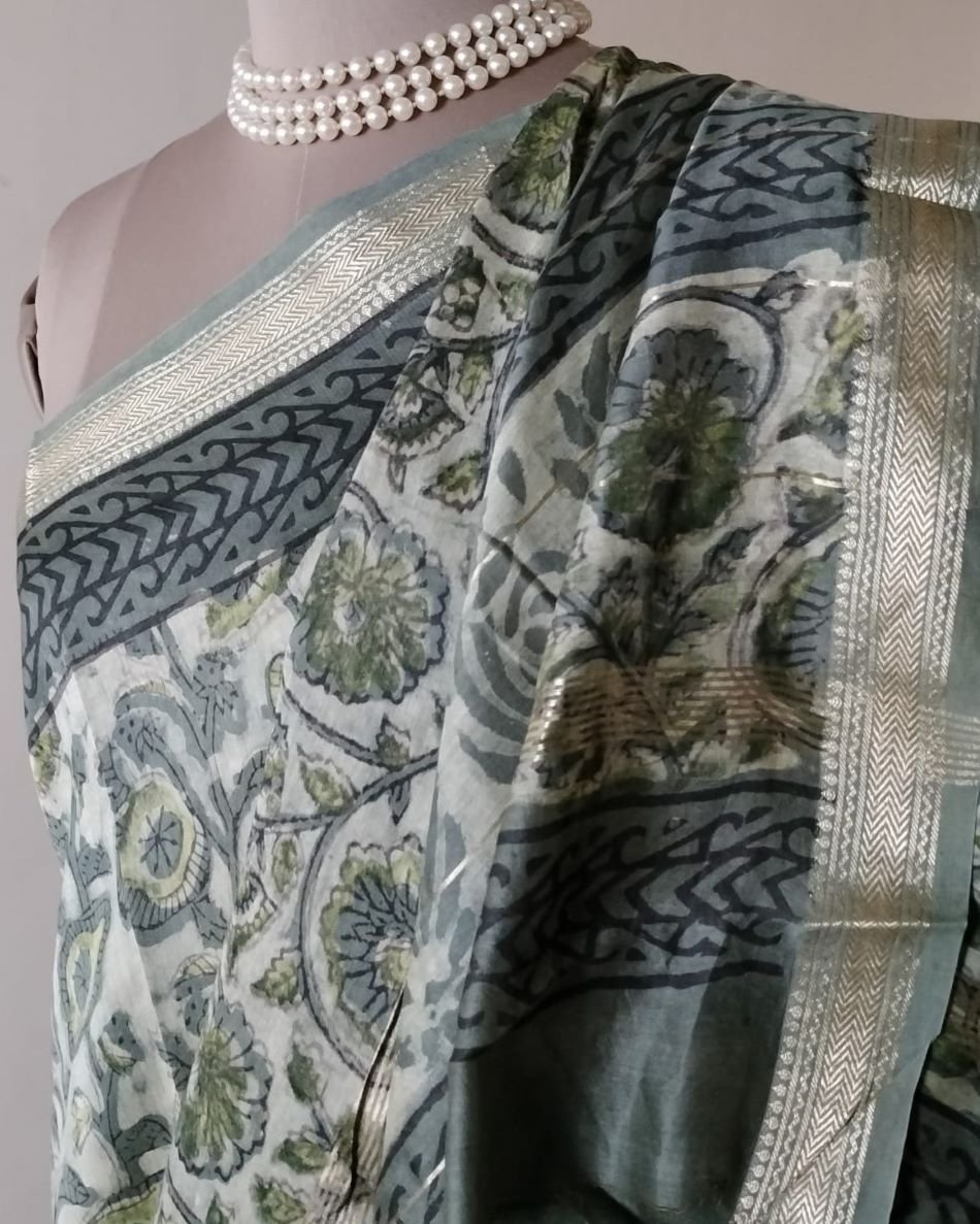 Bagru hand blockprint on Maheshwari Silk-Cotton - Greyish Blue - Image 4