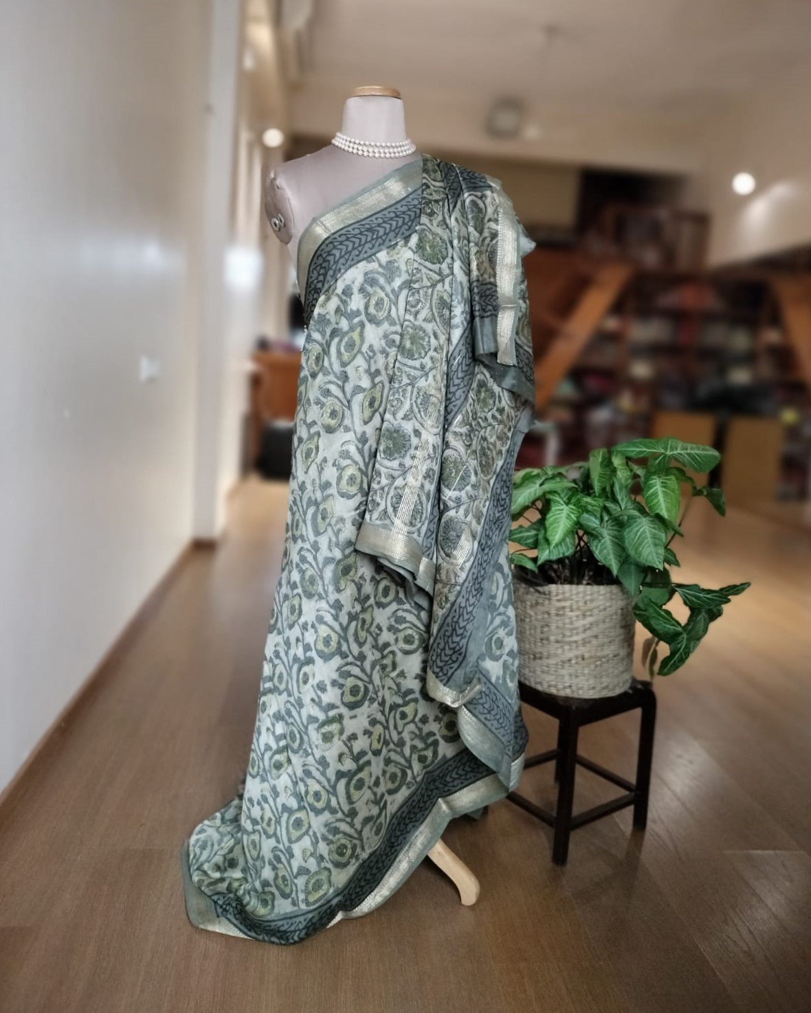 Bagru hand blockprint on Maheshwari Silk-Cotton - Greyish Blue - Image 2