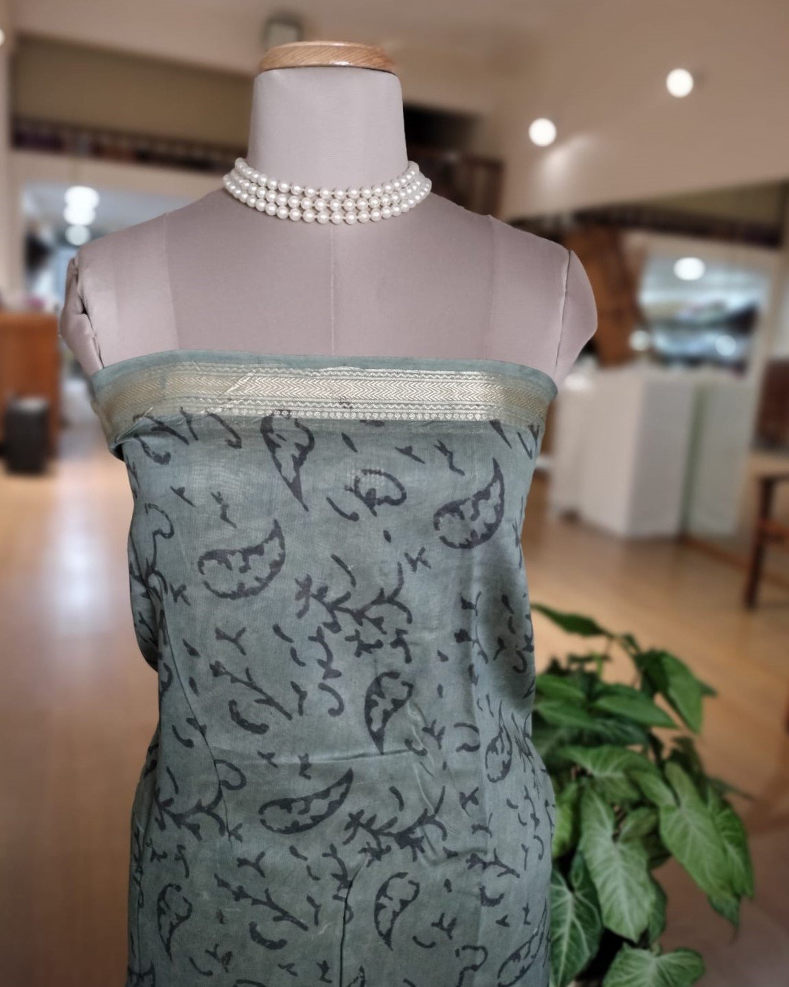 Bagru hand blockprint on Maheshwari Silk-Cotton - Greyish Blue - Image 7