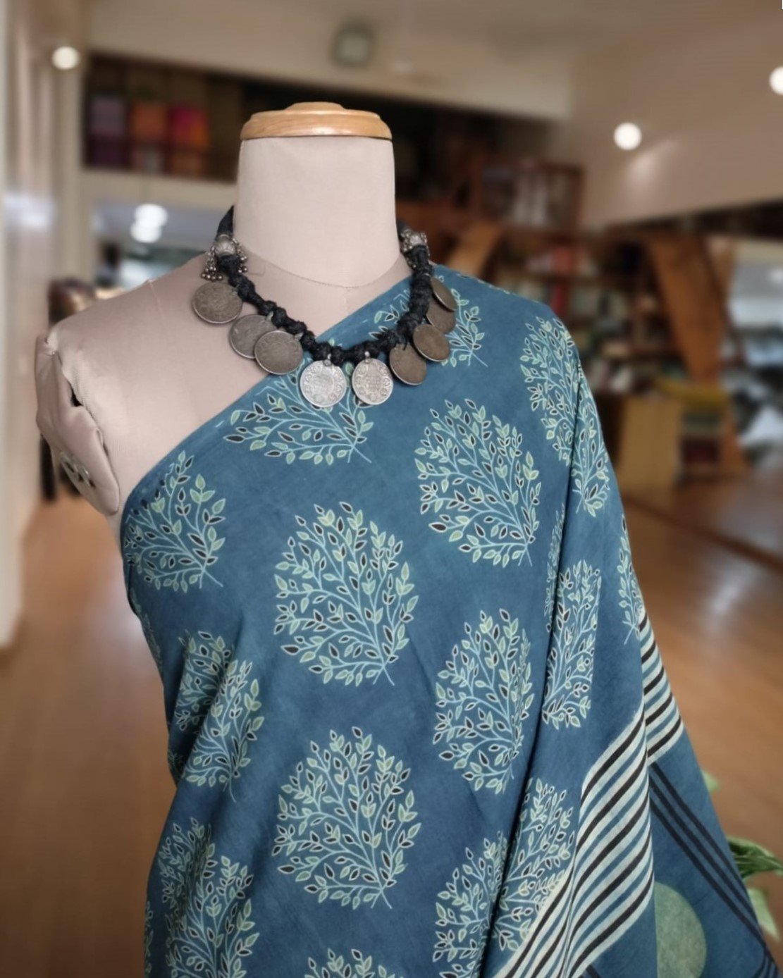 Ajrakh Mul Cotton Saree - Blue - Image 7