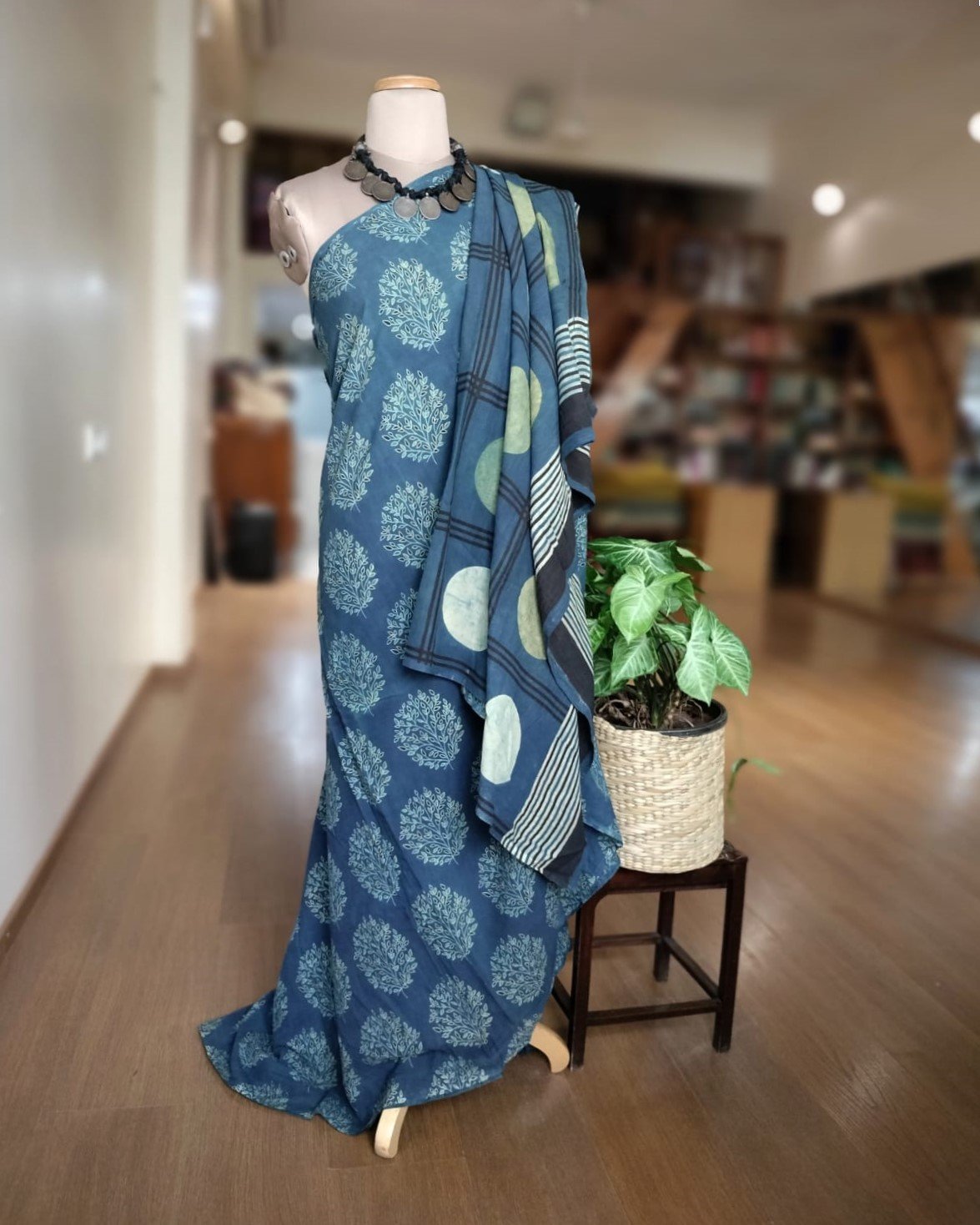 Ajrakh Mul Cotton Saree - Blue