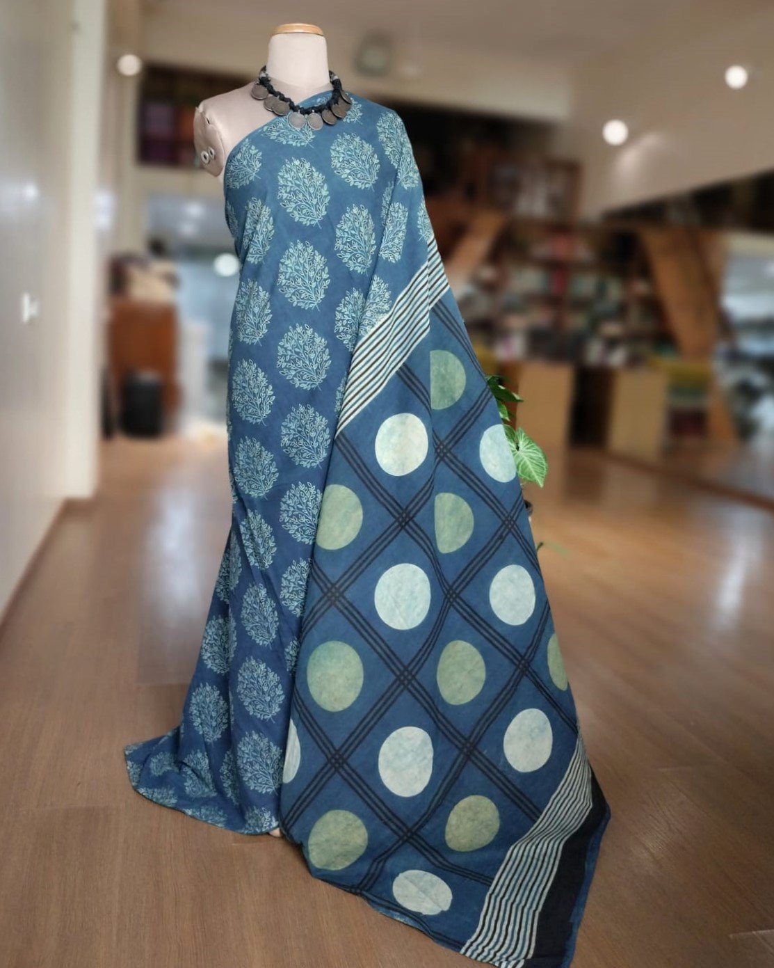 Ajrakh Mul Cotton Saree - Blue - Image 6