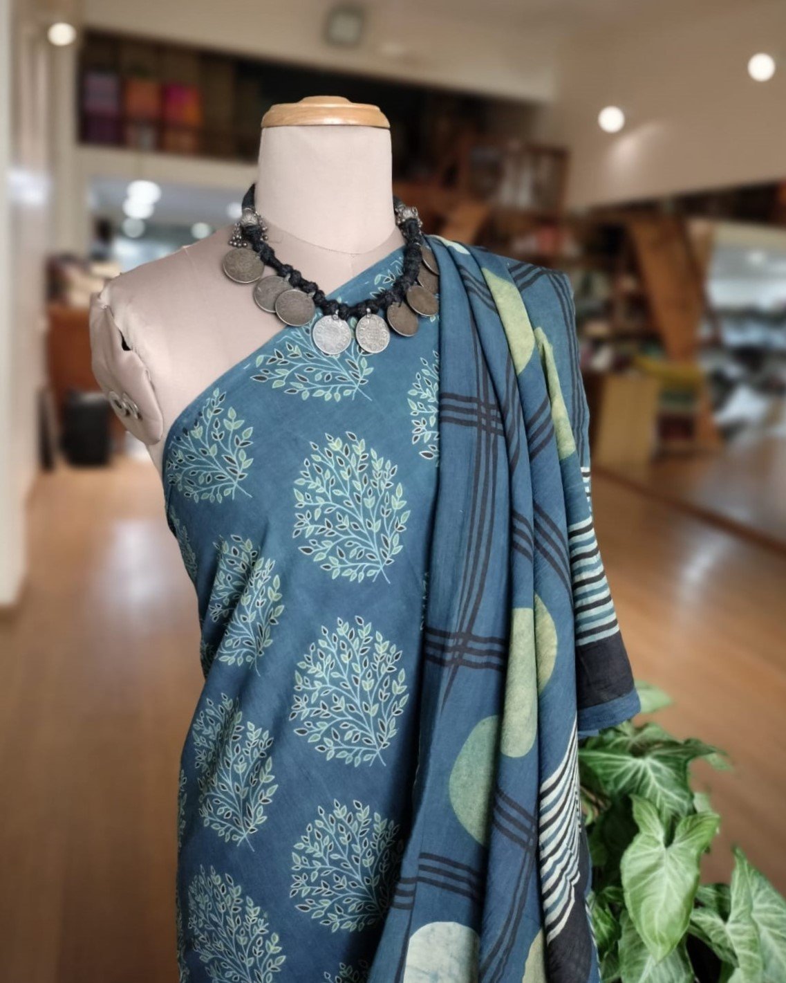 Ajrakh Mul Cotton Saree - Blue - Image 2