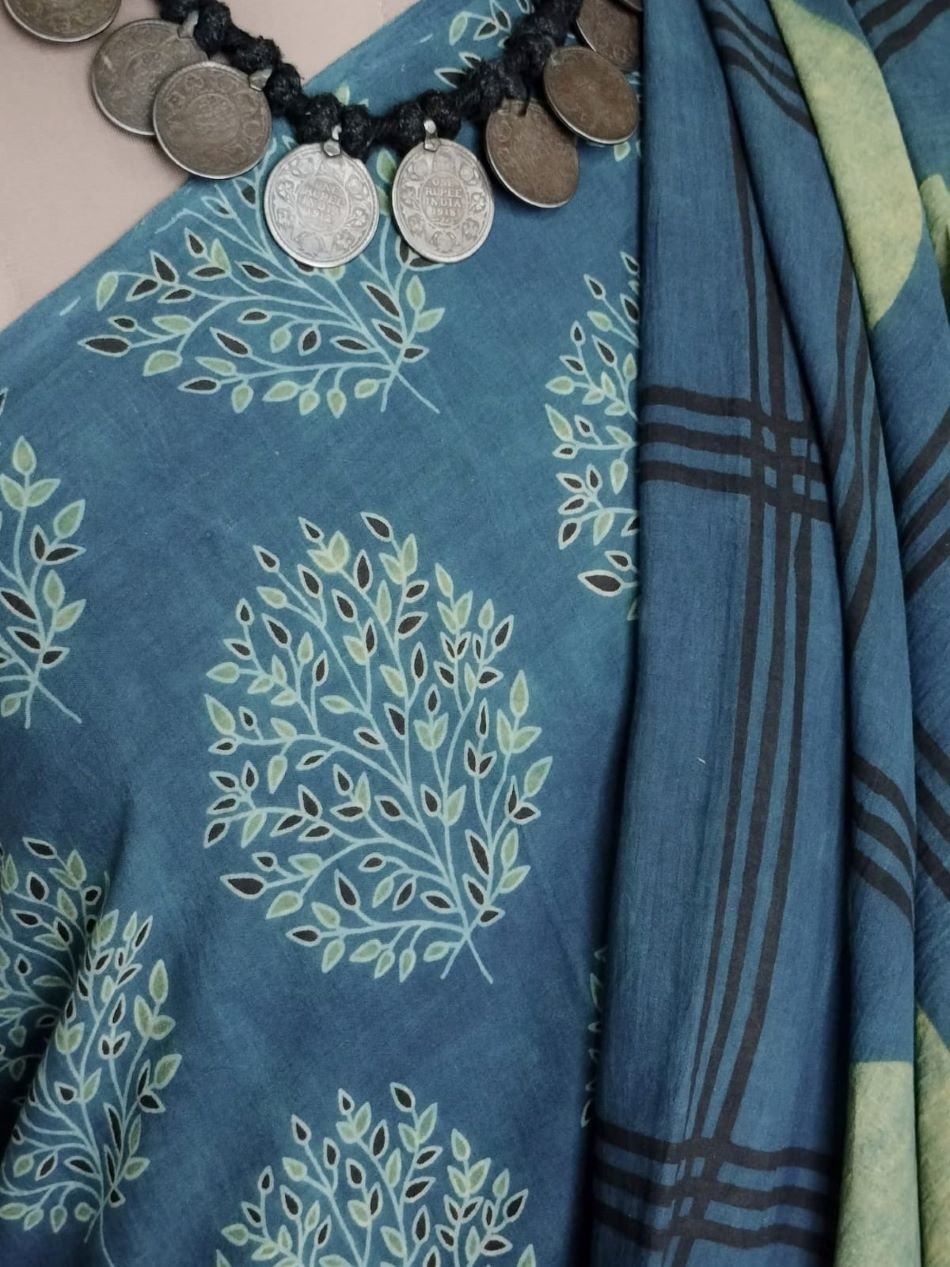 Ajrakh Mul Cotton Saree - Blue - Image 3