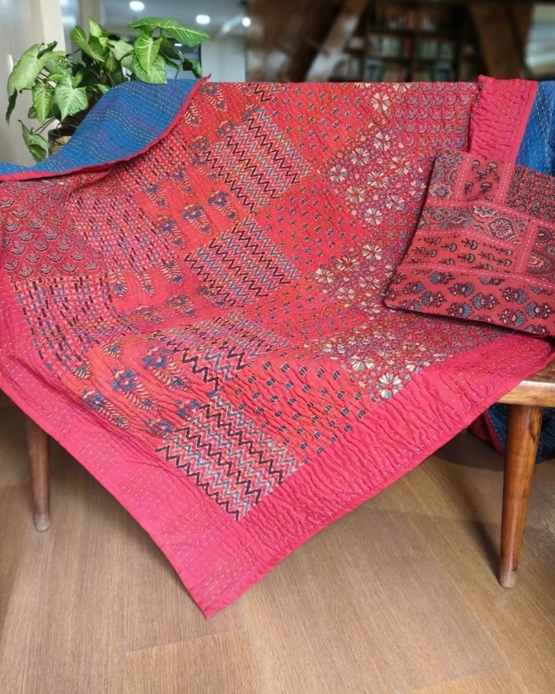 Patchwork Two-Layer Ajrakh Quilt (Godhri) Single - Red (GODH0025)