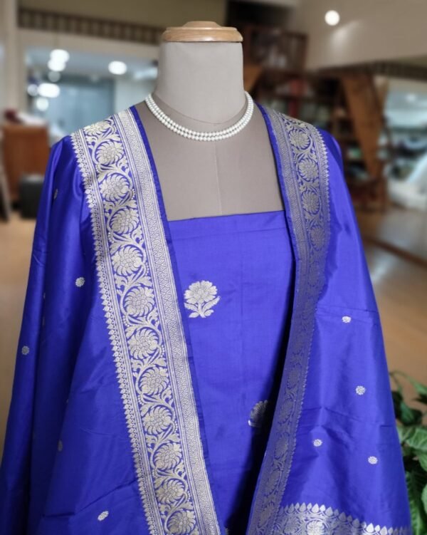 Banarasi 3-Piece Pure Katan Silk Salwar Set - Royal Blue - Image 4