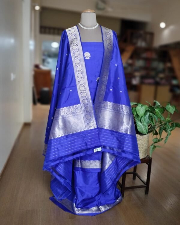 Banarasi 3-Piece Pure Katan Silk Salwar Set - Royal Blue - Image 3