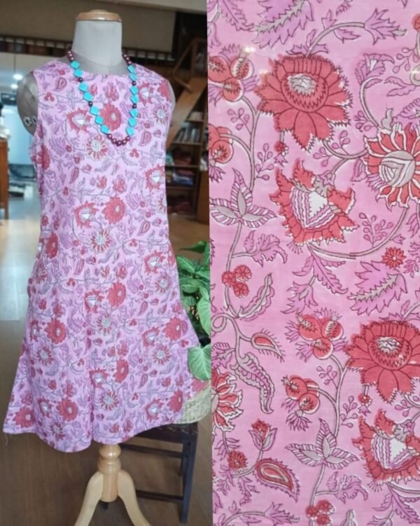 Pretty Floral Knee-Length Dress in Cotton- Pink